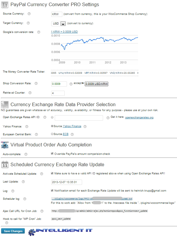 PayPal Currency Converter Pro settings page
